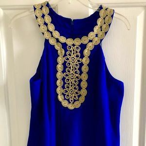 Just Taylor royal blue and gold scallop dress